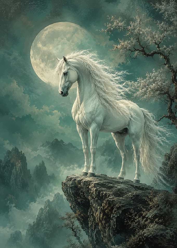 Majestic White Horse Under Full Moon