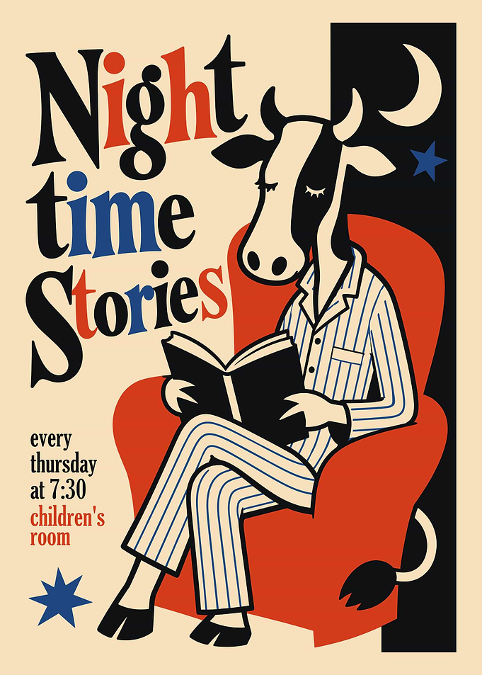 Nighttime Stories Cow Reading Poster