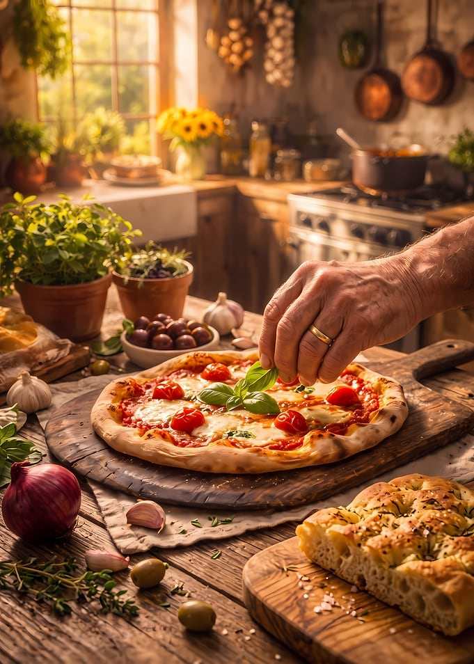 Hand Garnishing Fresh Margherita Pizza