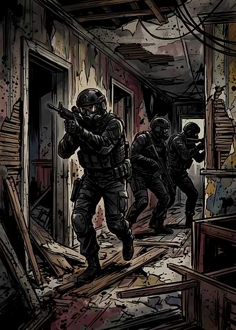 SWAT Team Clearing Ruined Building