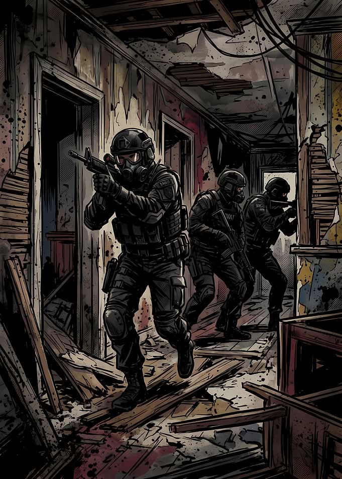 SWAT Team Clearing Ruined Building