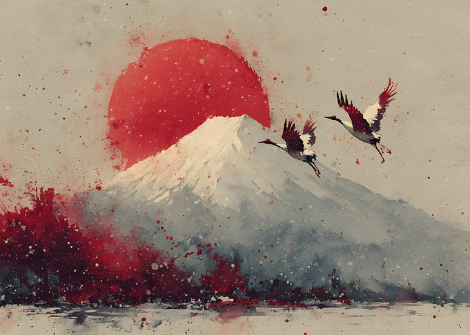 Watercolor Mount Fuji with Cranes