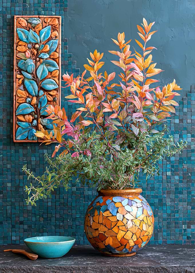 Mosaic Vase with Autumnal Plant Arrangement