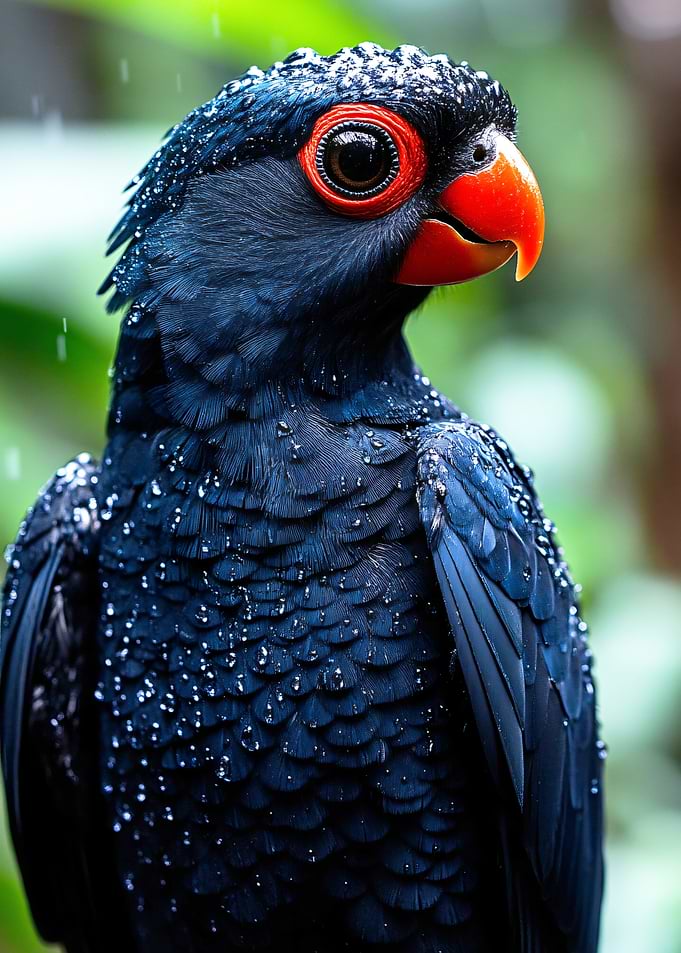 Stunning Dark Blue Parrot in Rain