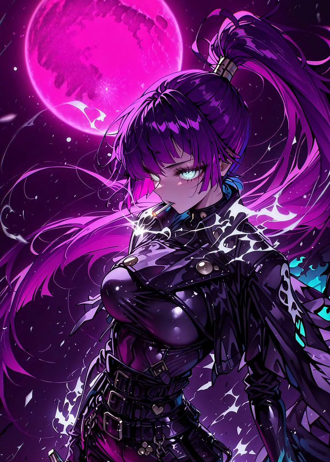 Cyberpunk Anime Girl with Pink Moon