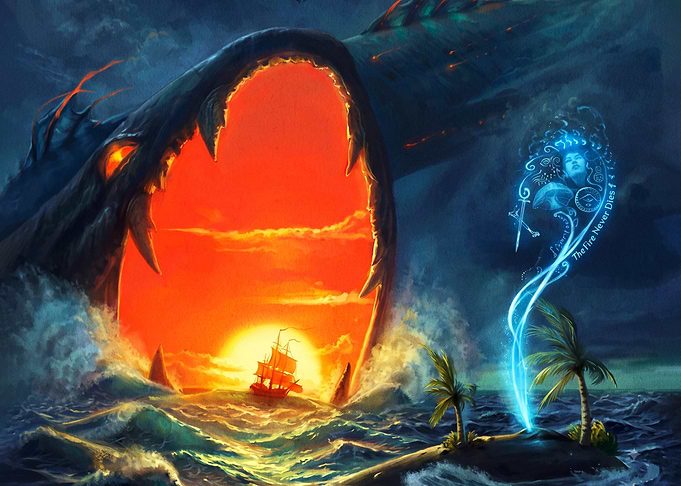 Sea Monster Attacking Ship at Sunset