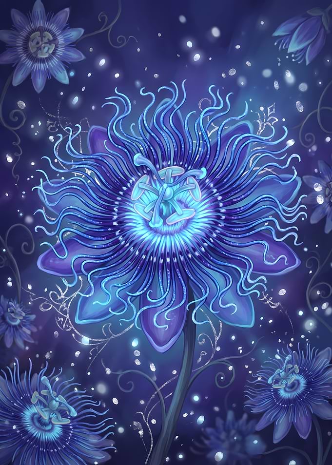 Glowing Blue Passion Flower Illustration