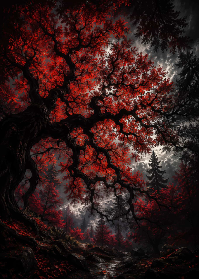 Dark Forest with Crimson Red Tree