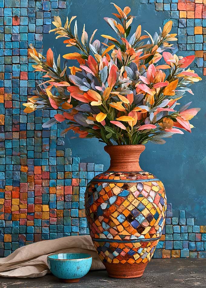 Mosaic Vase with Colorful Foliage