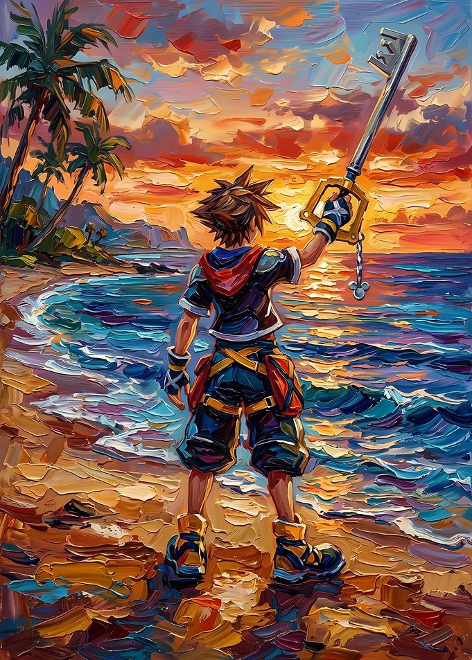Sora Holding Keyblade at Sunset