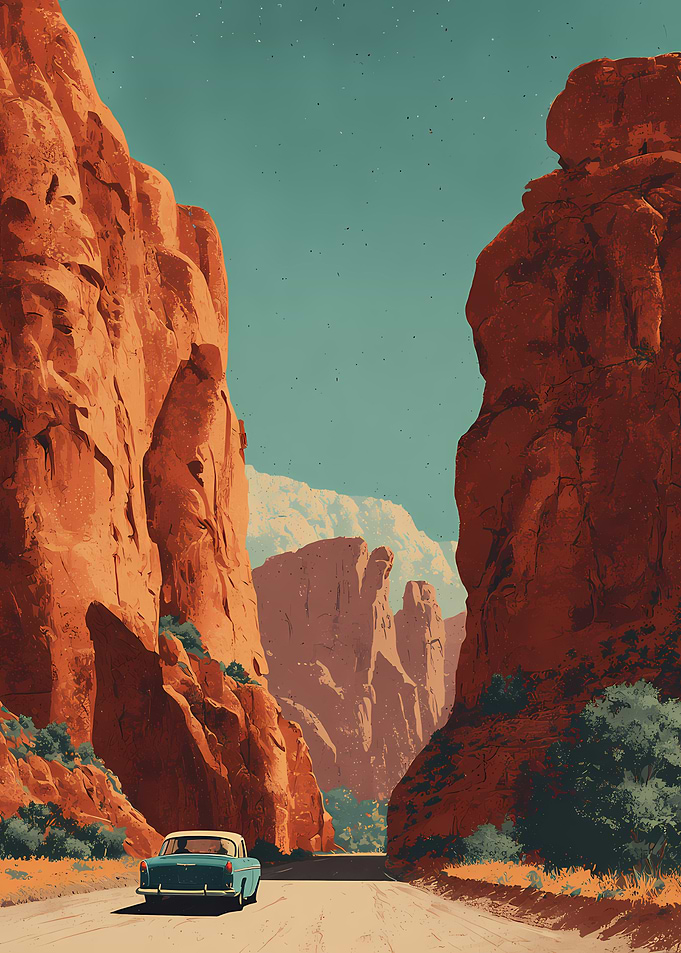 Vintage Car Driving Through Red Canyon