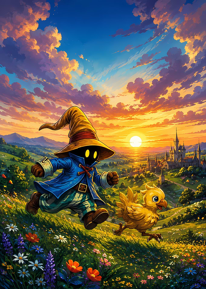 Vivi and Chocobo Running at Sunset