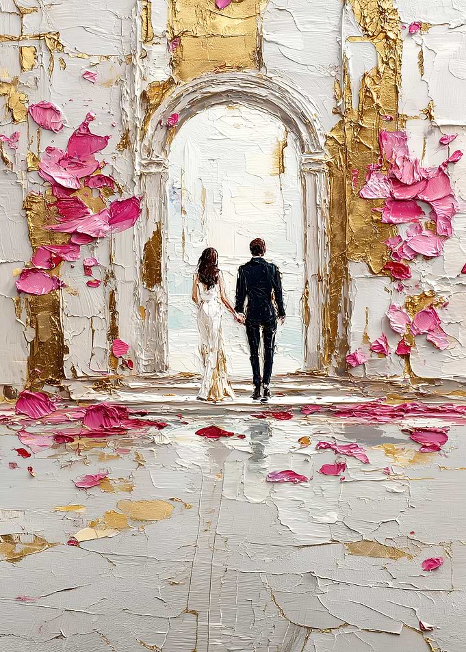 Wedding Couple Walking Through Golden Arch