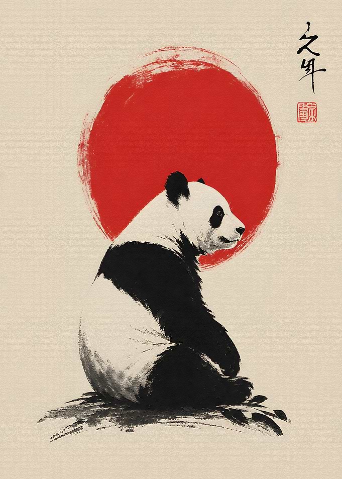 Sumi-e Style Panda with Red Sun