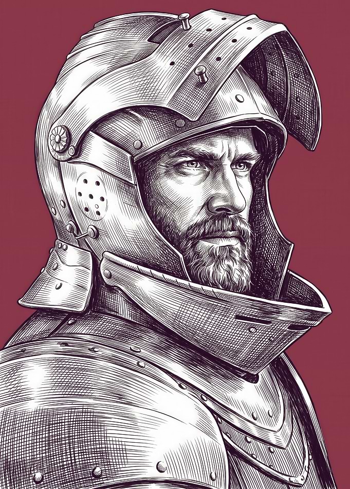 Engraved Portrait of a Medieval Knight
