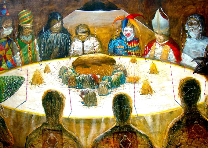 Surreal Gathering Around a Golden Table