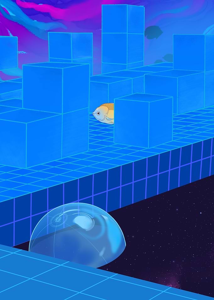 Surreal Digital Grid Landscape with Fish