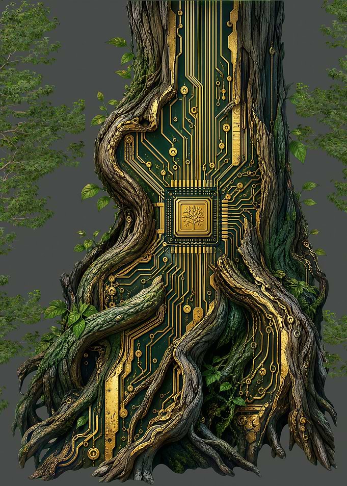 Cybernetic Tree Trunk with Circuitry