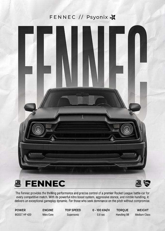 black front view Rocket League Fennec Car Poster