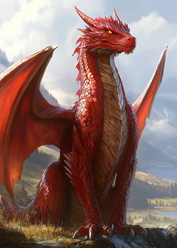 Majestic Red Dragon in Mountain Landscape