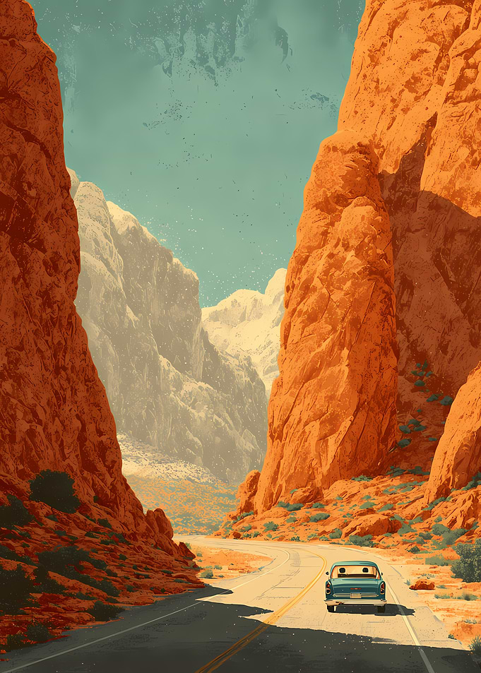Vintage Car Driving Through Desert Canyon