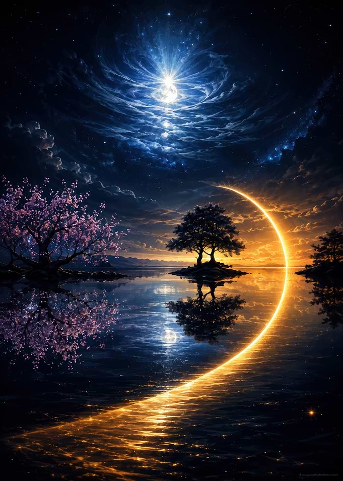 Ethereal Celestial Landscape with Glowing Crescent