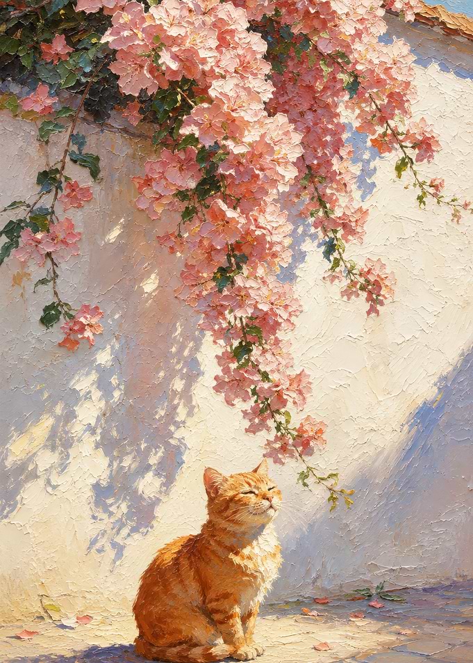 Ginger Cat Under Pink Flowers