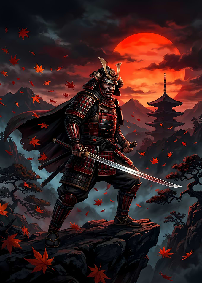 Samurai Warrior Under Red Moon