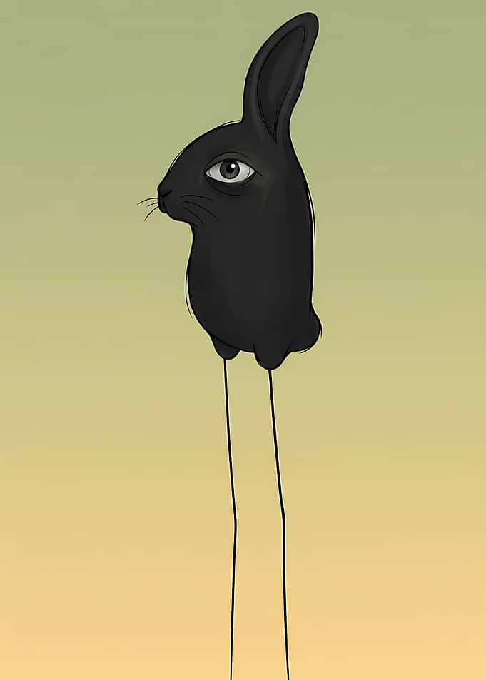 Surreal Long-Legged Black Rabbit Illustration