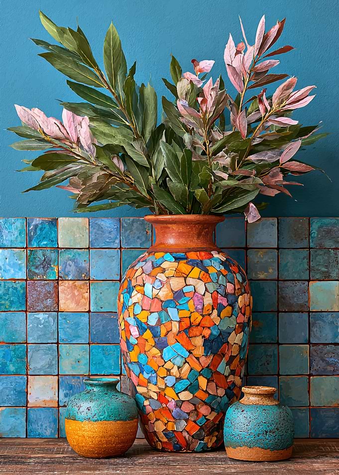 Mosaic Vase with Decorative Foliage
