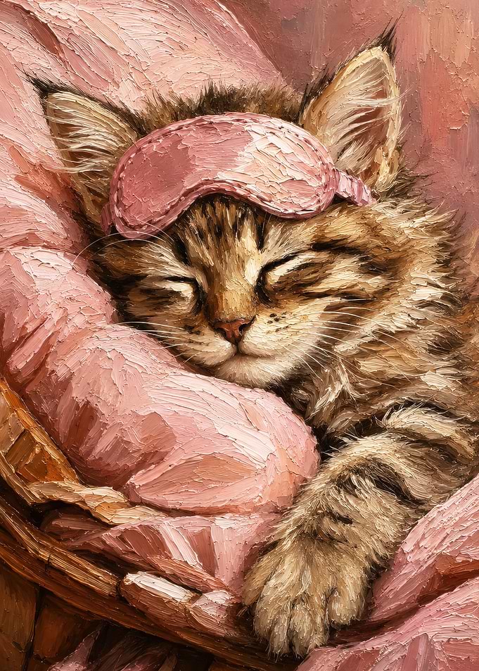Sleeping Kitten with Pink Eye Mask