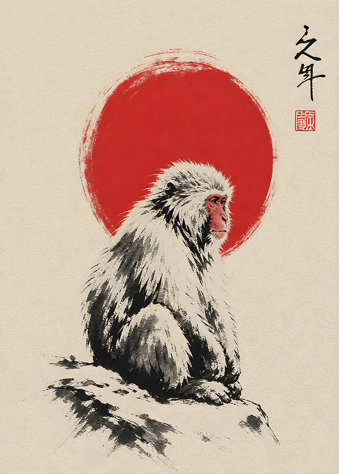 Japanese Ink Wash Snow Monkey