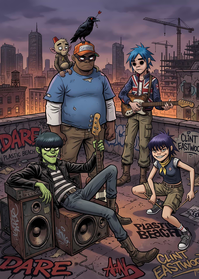 Gorillaz Band Members on Rooftop