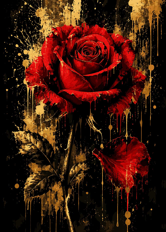 Abstract Red Rose with Gold Splatter