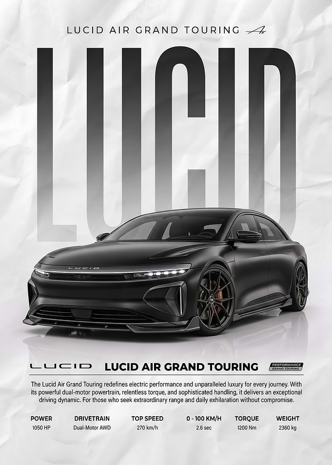 black sleek Lucid Air Grand Touring car Poster