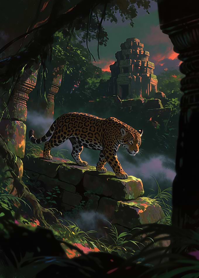 Jaguar Prowling Ancient Jungle Ruins