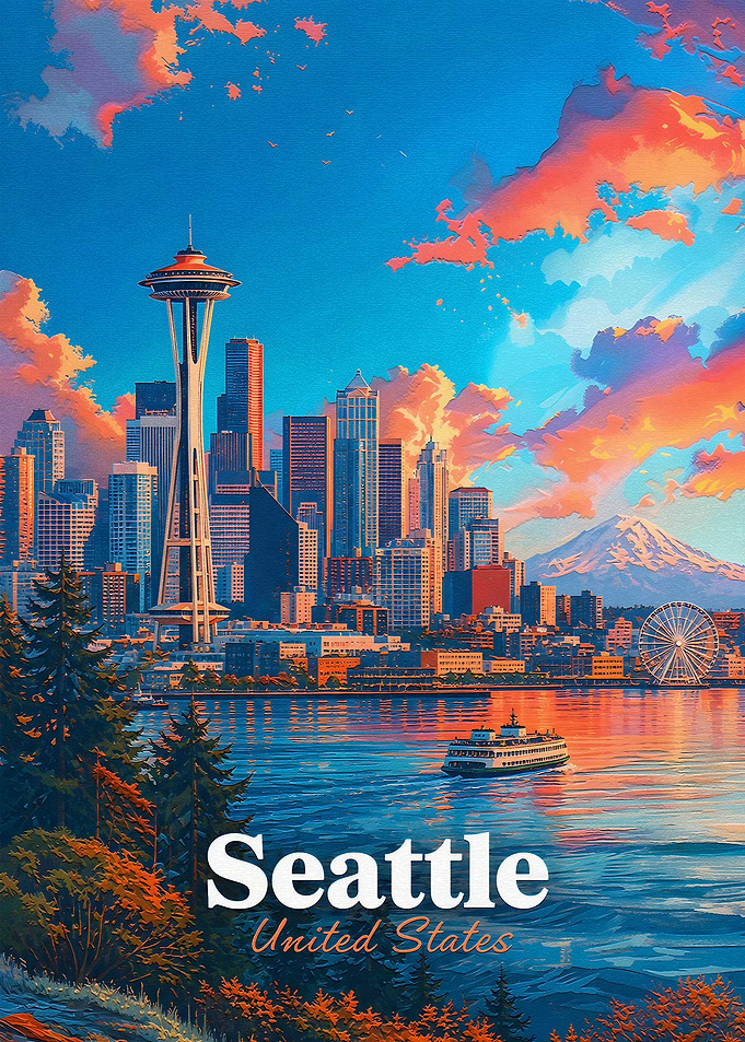 Seattle Skyline Sunset Travel Poster