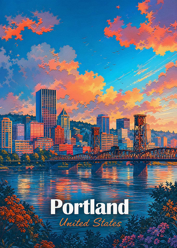 Portland Oregon Sunset Travel Poster