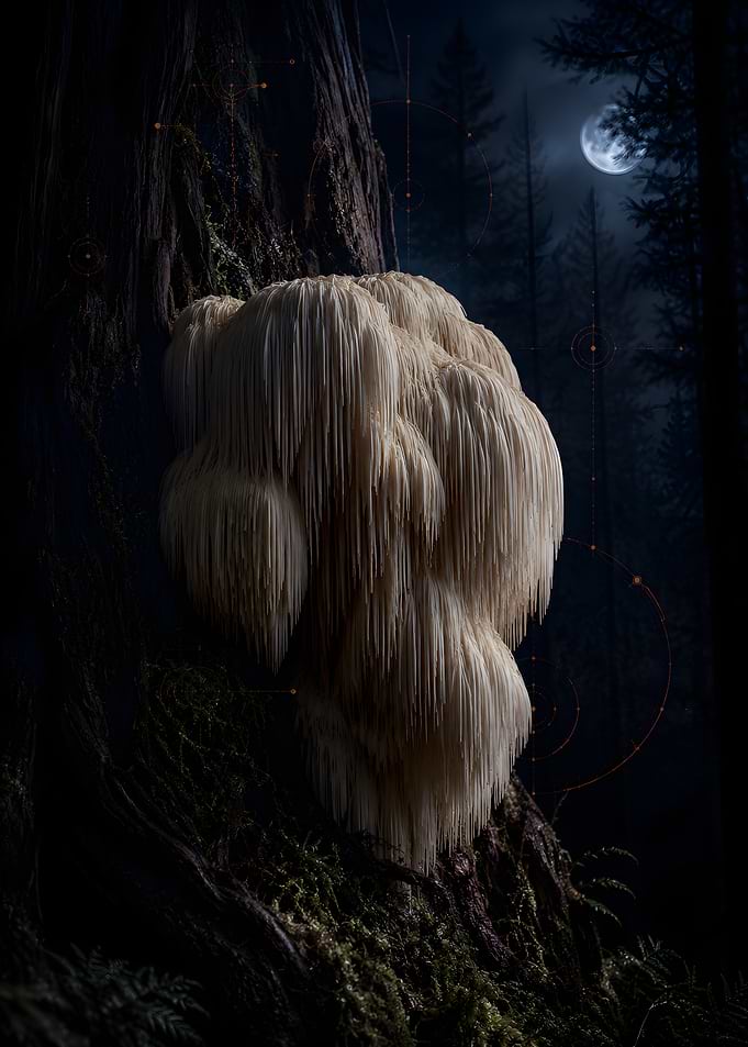Lion's Mane Mushroom in Moonlight