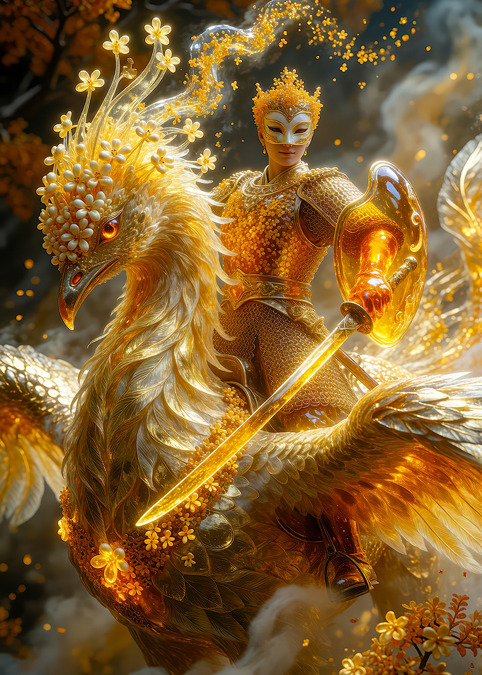 Golden Warrior Riding Mythical Phoenix