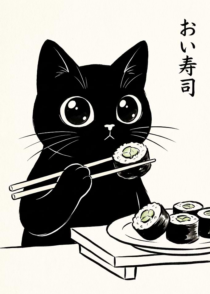 Cute Black Cat Eating Sushi