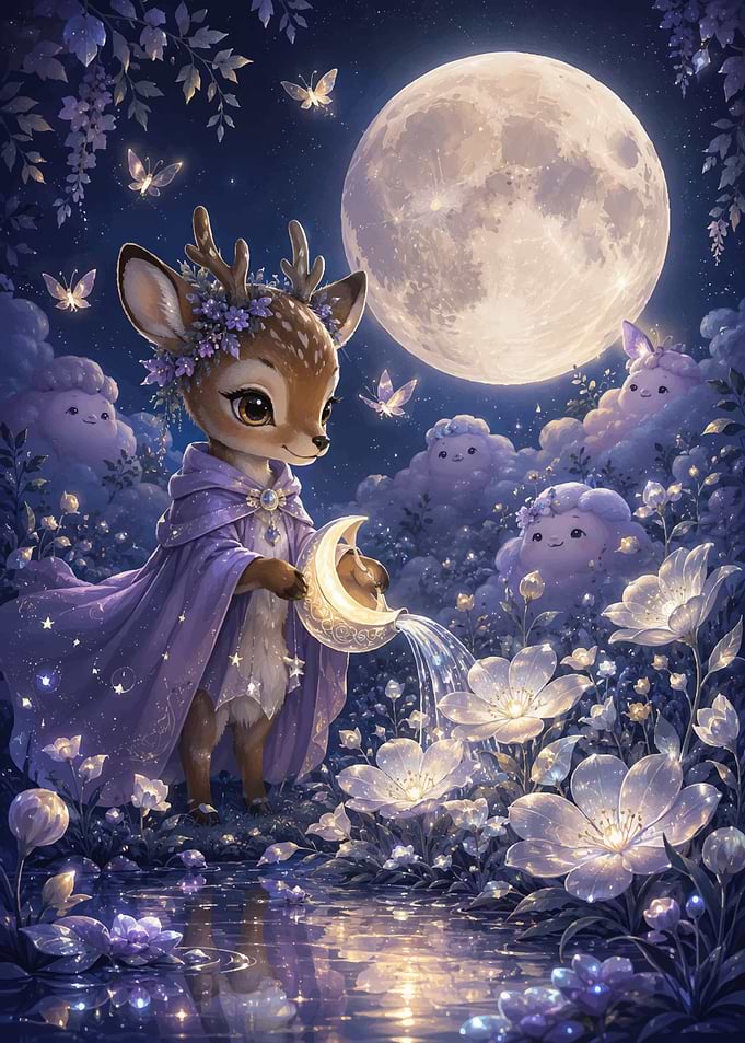 Magical Fawn Watering Glowing Flowers