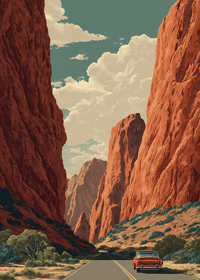 Vintage Car Driving Through Red Canyon