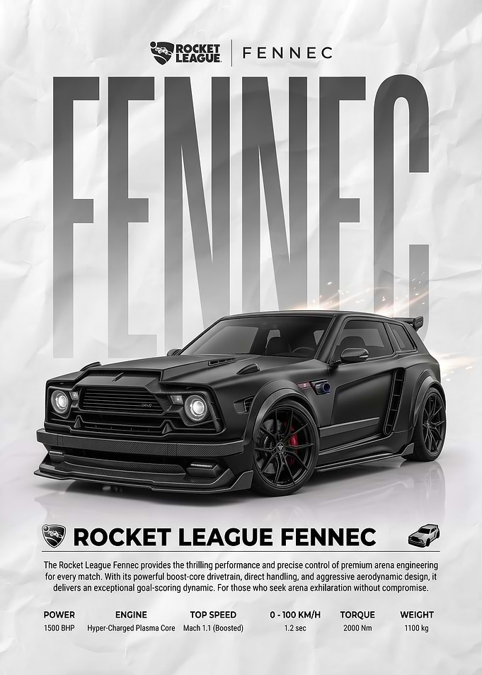sleek black Rocket League Fennec Car Poster
