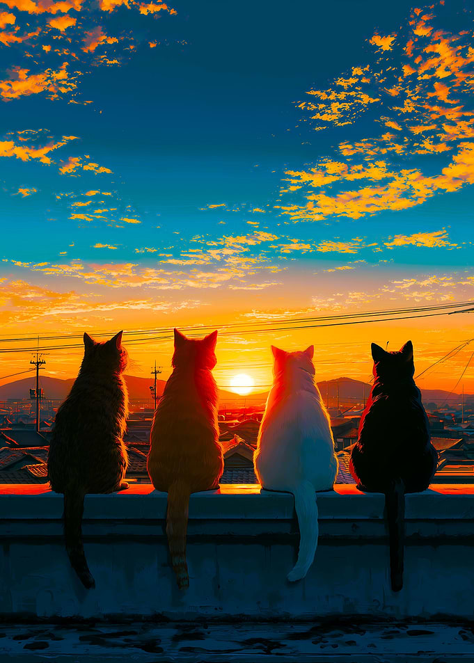 Four Cats Watching Sunset