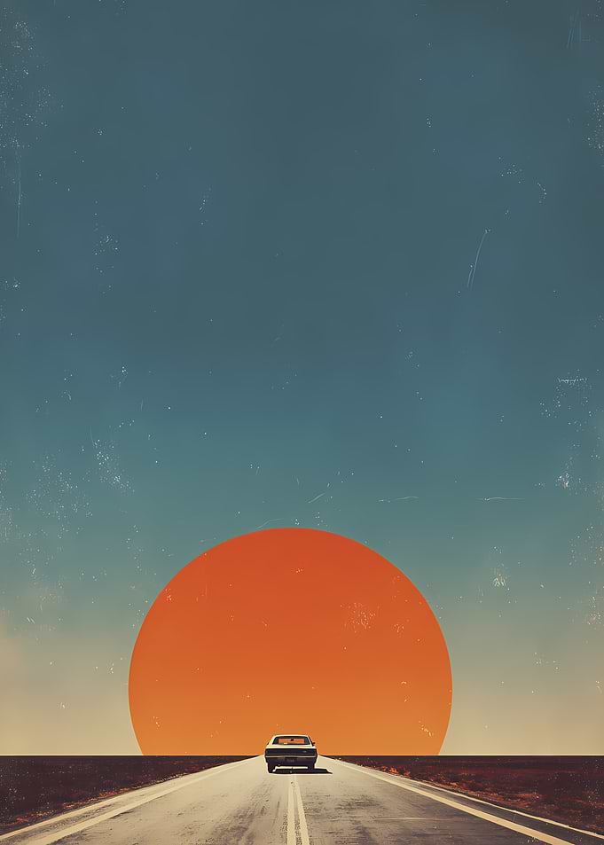 Vintage Car Driving Toward Giant Sun