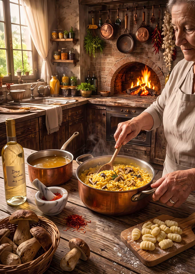 Elderly Woman Cooking Mushroom Risotto