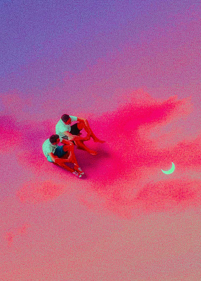 Two People Sitting Towards Crescent Moon