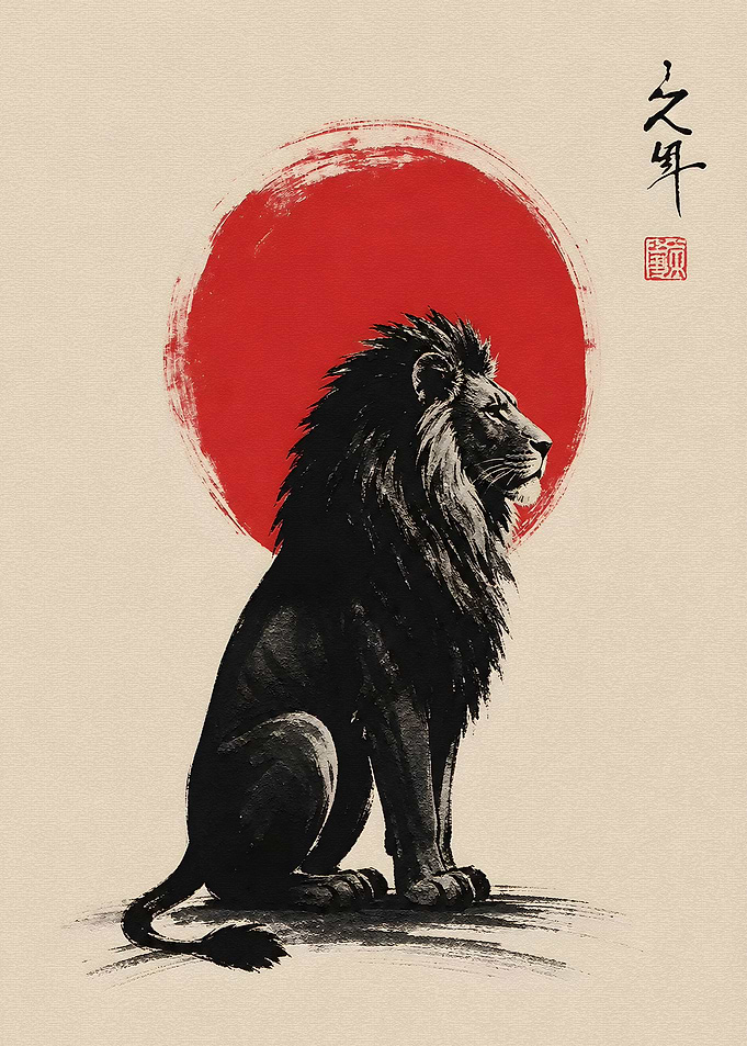 Sumi-e Style Lion with Red Sun