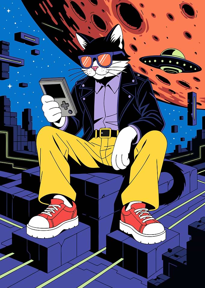 Cool Retro Gamer Cat in Space